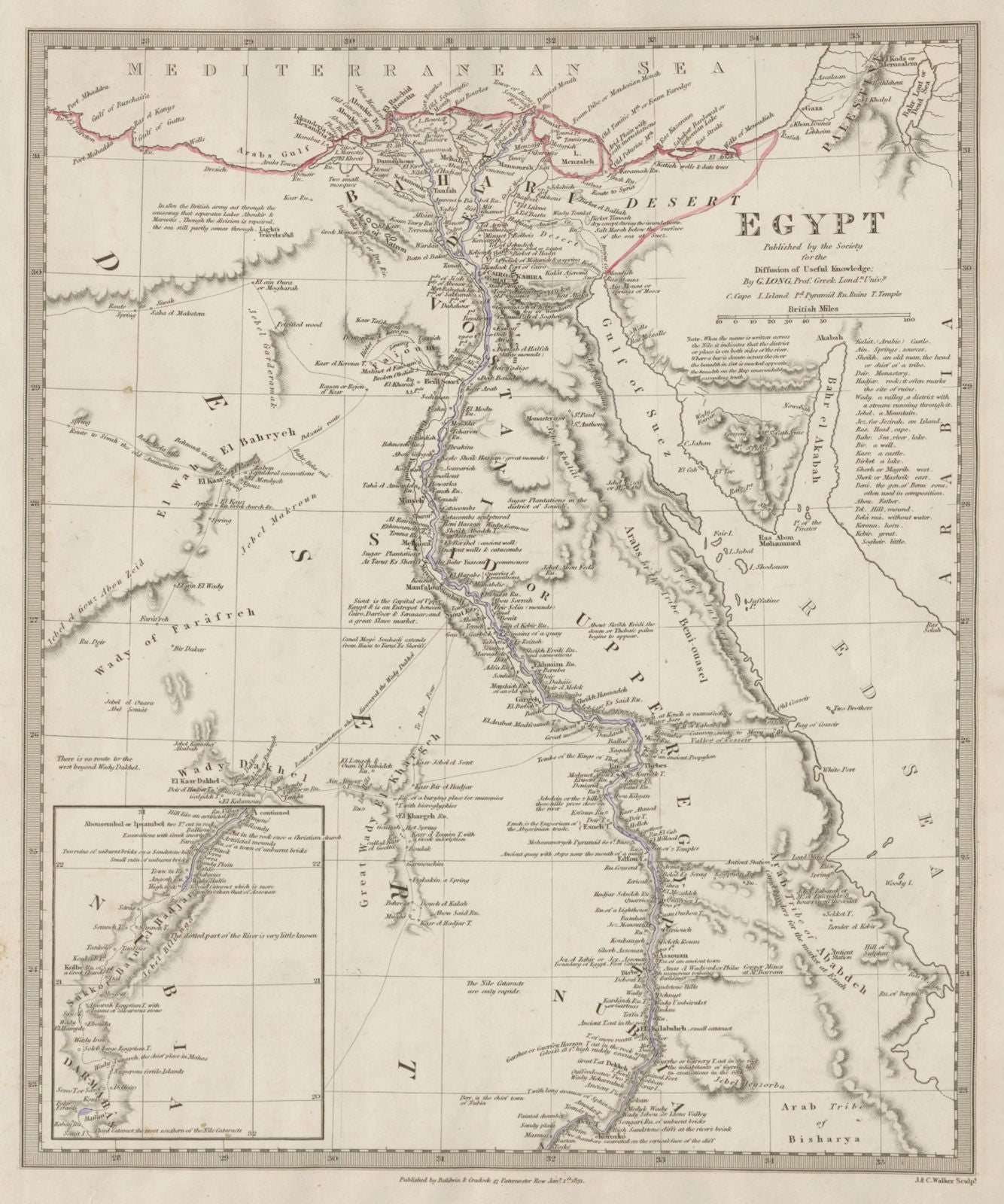 EGYPT & Nile valley. Pyramids monuments. Slave market. SDUK 1844 old map